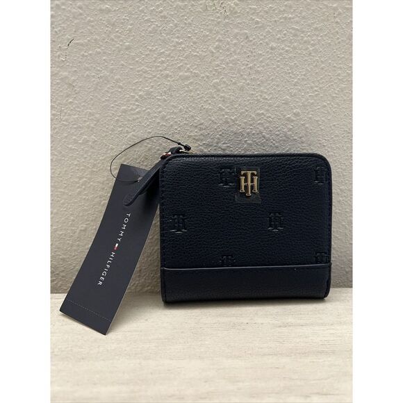 Tommy Hilfiger Small Embossed Navy Blue PU Leather Zip Card Coin Billfold Wallet - Picture 1 of 9